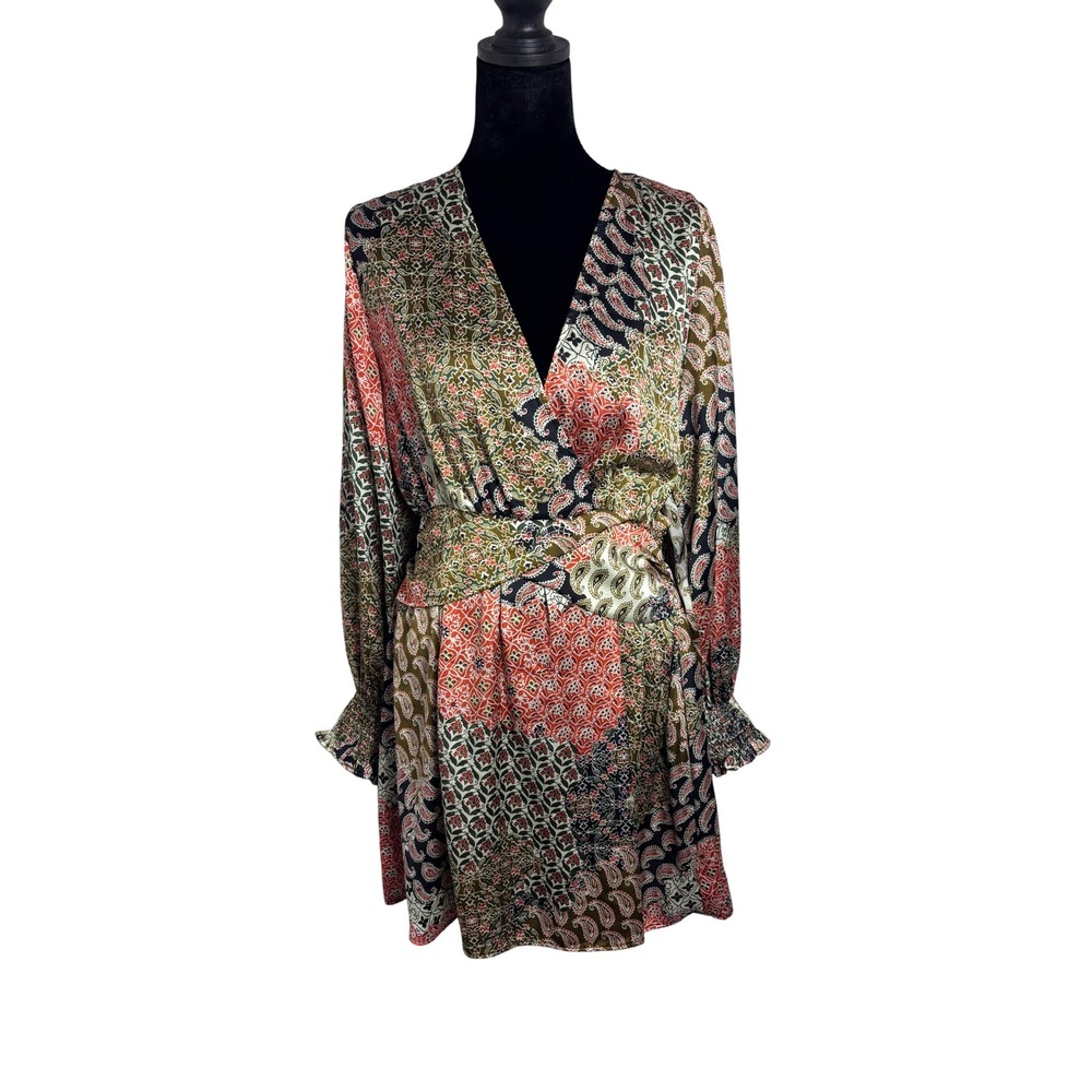Zara Mini Dress Women XS Multicolor NWOT Paisley Patchwork Long Sleeve V-Neck